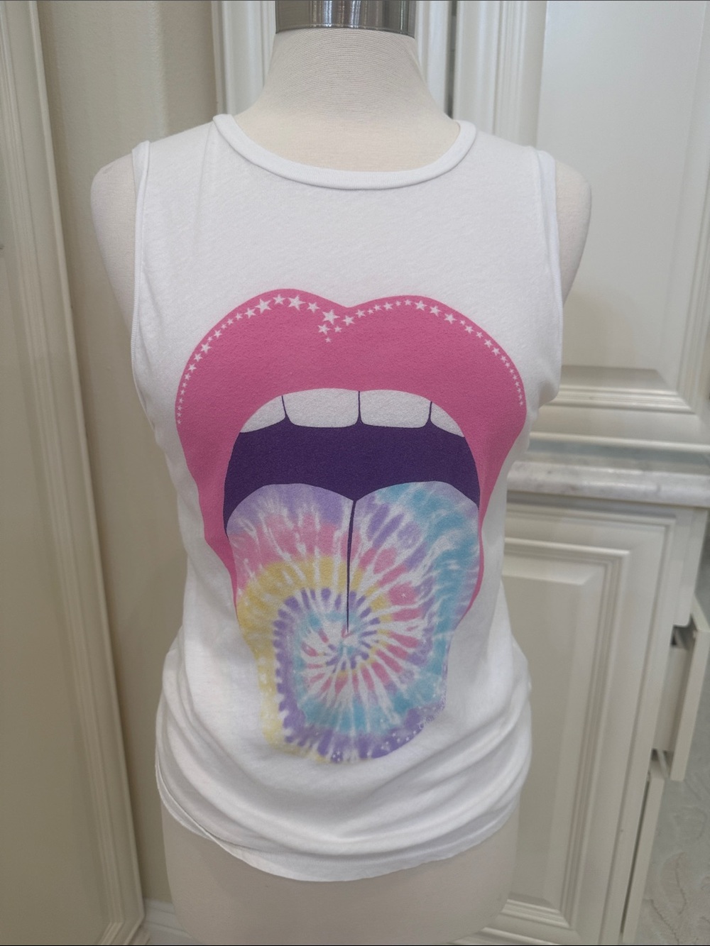 Lauren Moshi White Tank with Pink Lips & Multicolor Tie-Dye Tongue